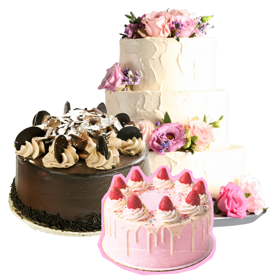 Three decorated cakes with flowers and sweets for a celebration.