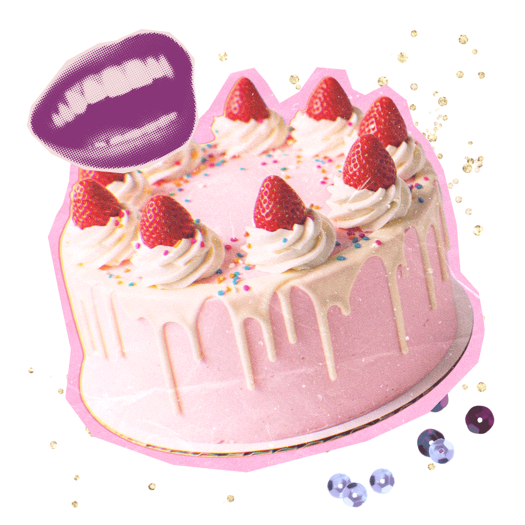 Pink birthday cake with strawberries and sprinkles, decorated with whipped cream, with a lipstick kiss graphic in the top left corner and gold, purple, and silver beads around it.