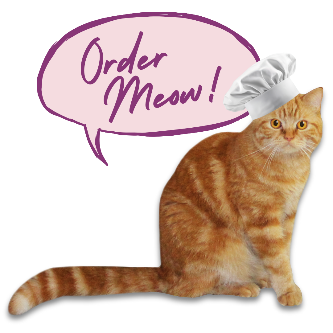 An orange tabby cat wearing a white chef's hat with a speech bubble saying 'Order Meow!'
