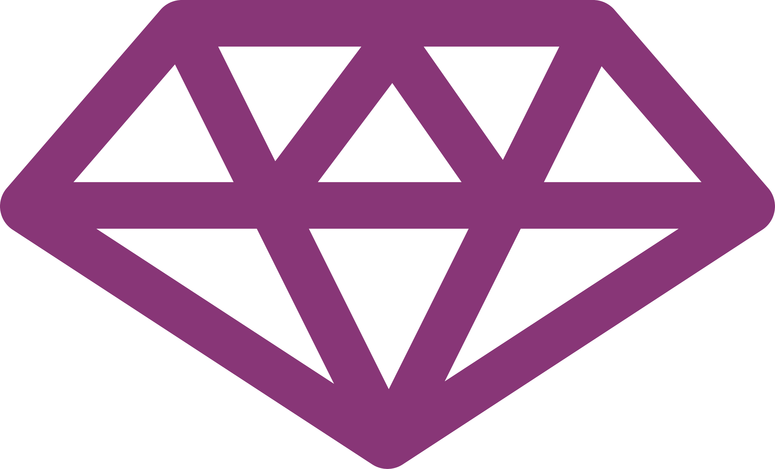 A purple outline of a diamond shape with a smaller upside-down triangle inside it, resembling a stylized gemstone.