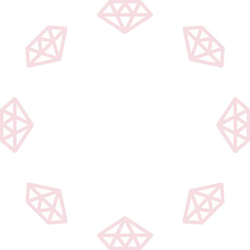 Circular arrangement of seven pink diamond icons on black background.
