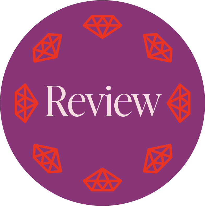 A purple circular graphic with the word 'Review' in the center, surrounded by eight red diamond-shaped icons.