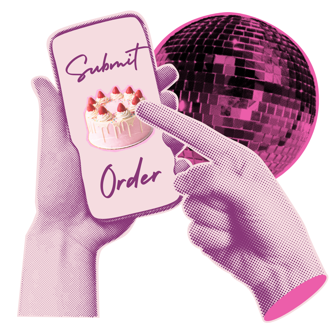 A digital illustration of a hand holding a smartphone with a message 'Submit Order' and an image of a strawberry cake on the screen. There is a pink disco ball in the background.