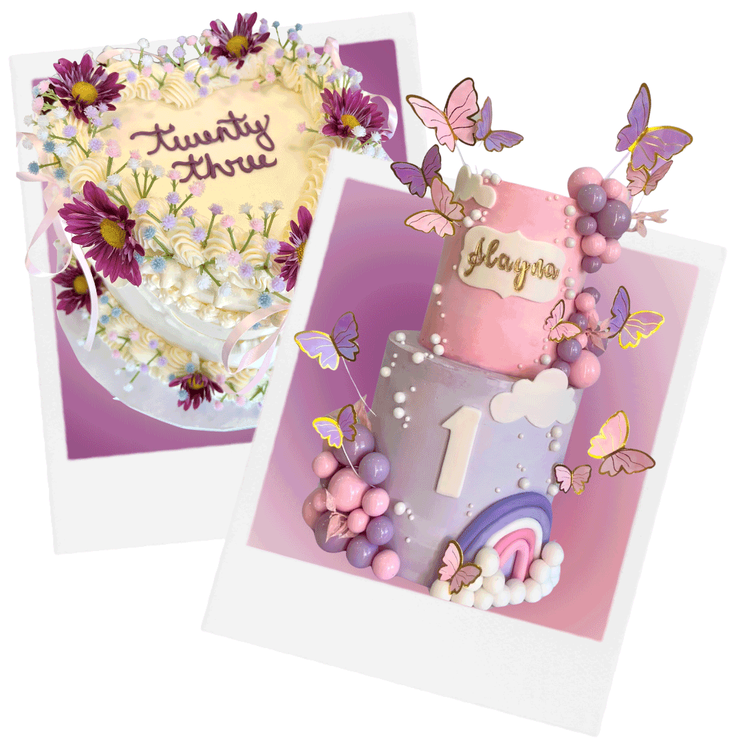 Two decorated birthday cakes: one with flowers and the words 'twenty three,' and the other with pastel colors, butterflies, clouds, a rainbow, and the name 'Malyna.'