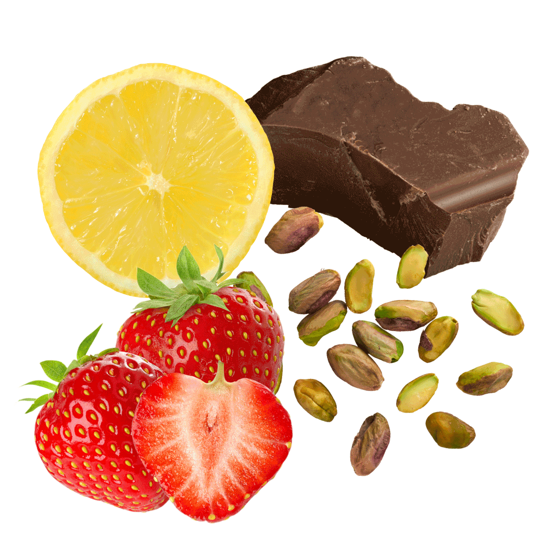 A lemon slice, two strawberries with one cut in half, a piece of dark chocolate, and pistachio nuts scattered around.