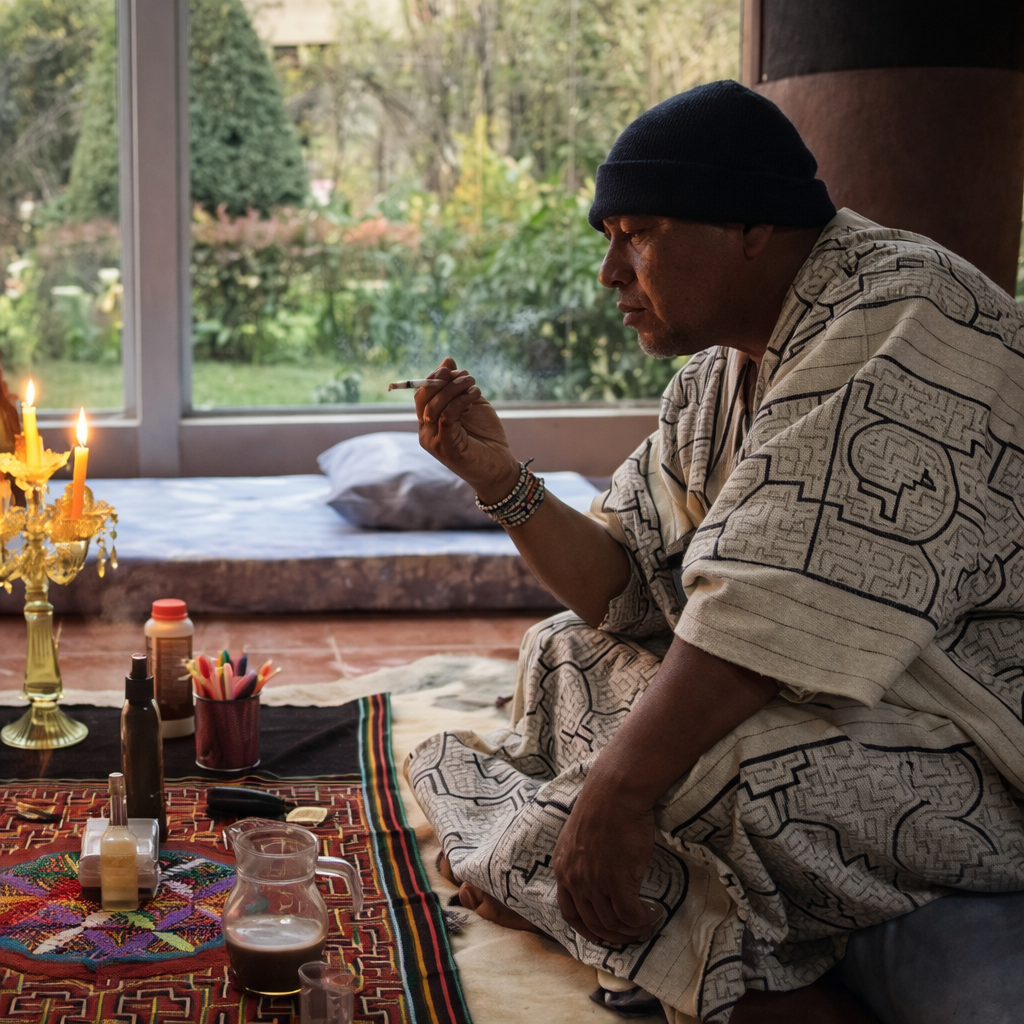 A man sitting cross-legged indoors, wearing a patterned robe and a black beanie, is smoking a cigarette near a table with various items and a lit candle, with a garden visible through a large window in the background.