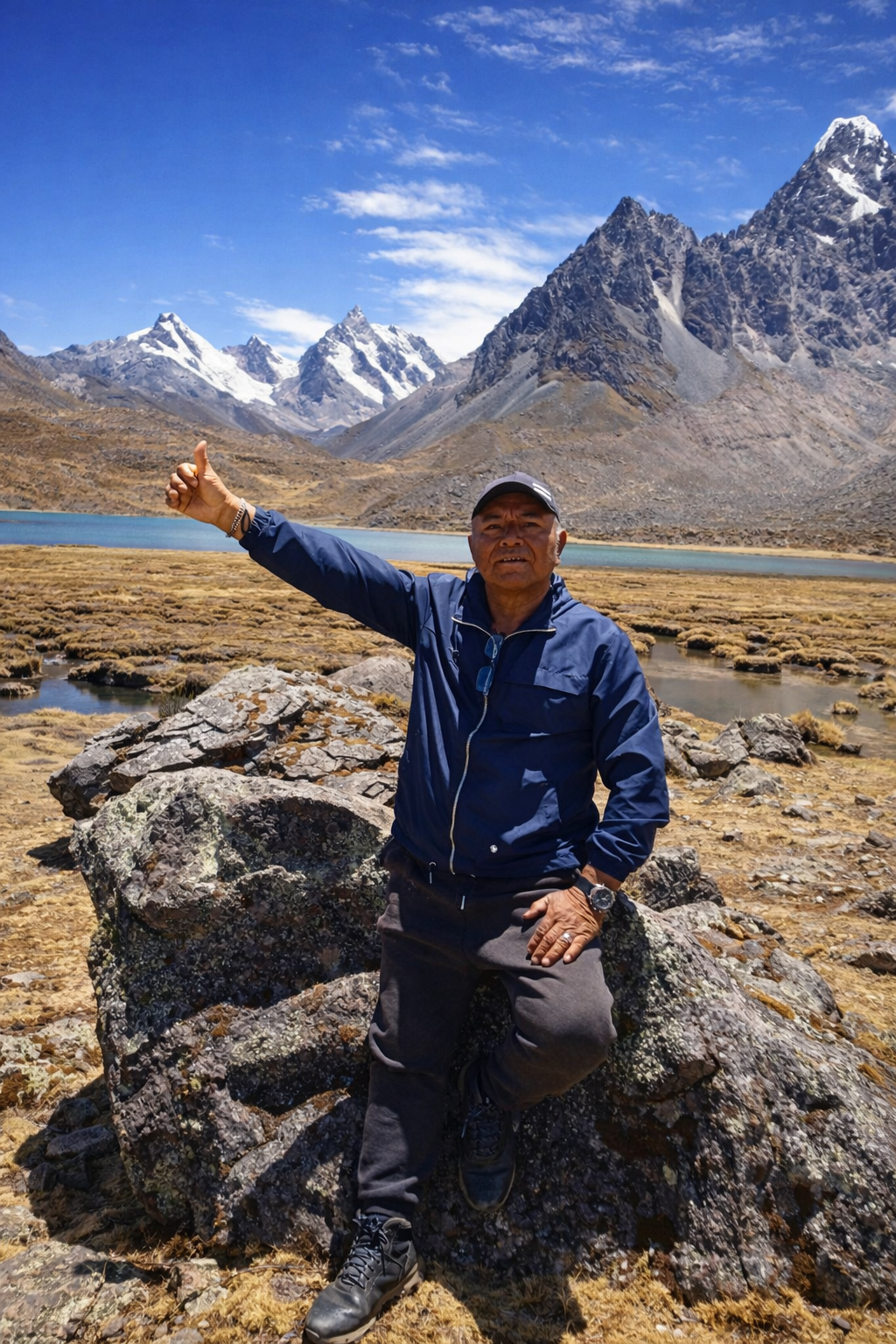 A man in outdoor clothing standing on rocks in a mountain landscape with snow-capped peaks, a lake, and a blue sky in the background.