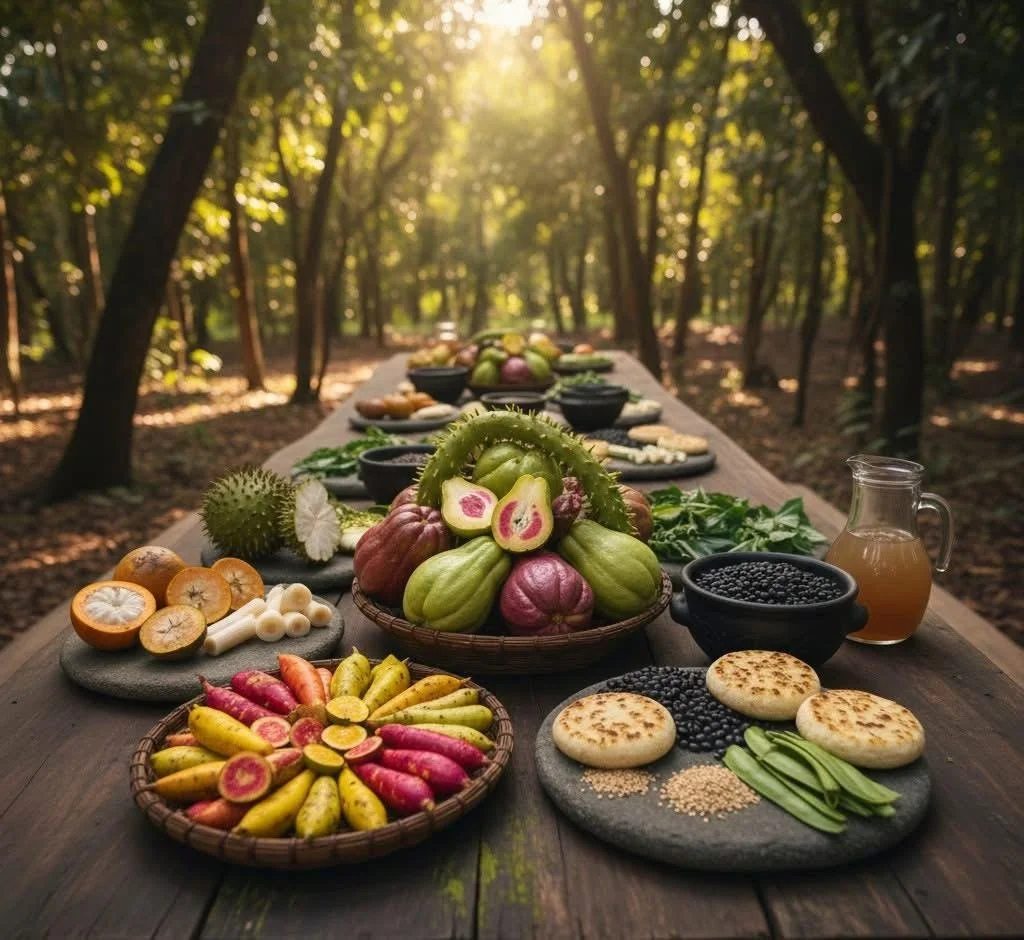 A long wooden table outdoors in a forest setting, filled with a variety of fresh fruits, vegetables, and dishes including durians, jackfruit, berries, sliced fruits, and flatbreads, with sunlight filtering through the trees.