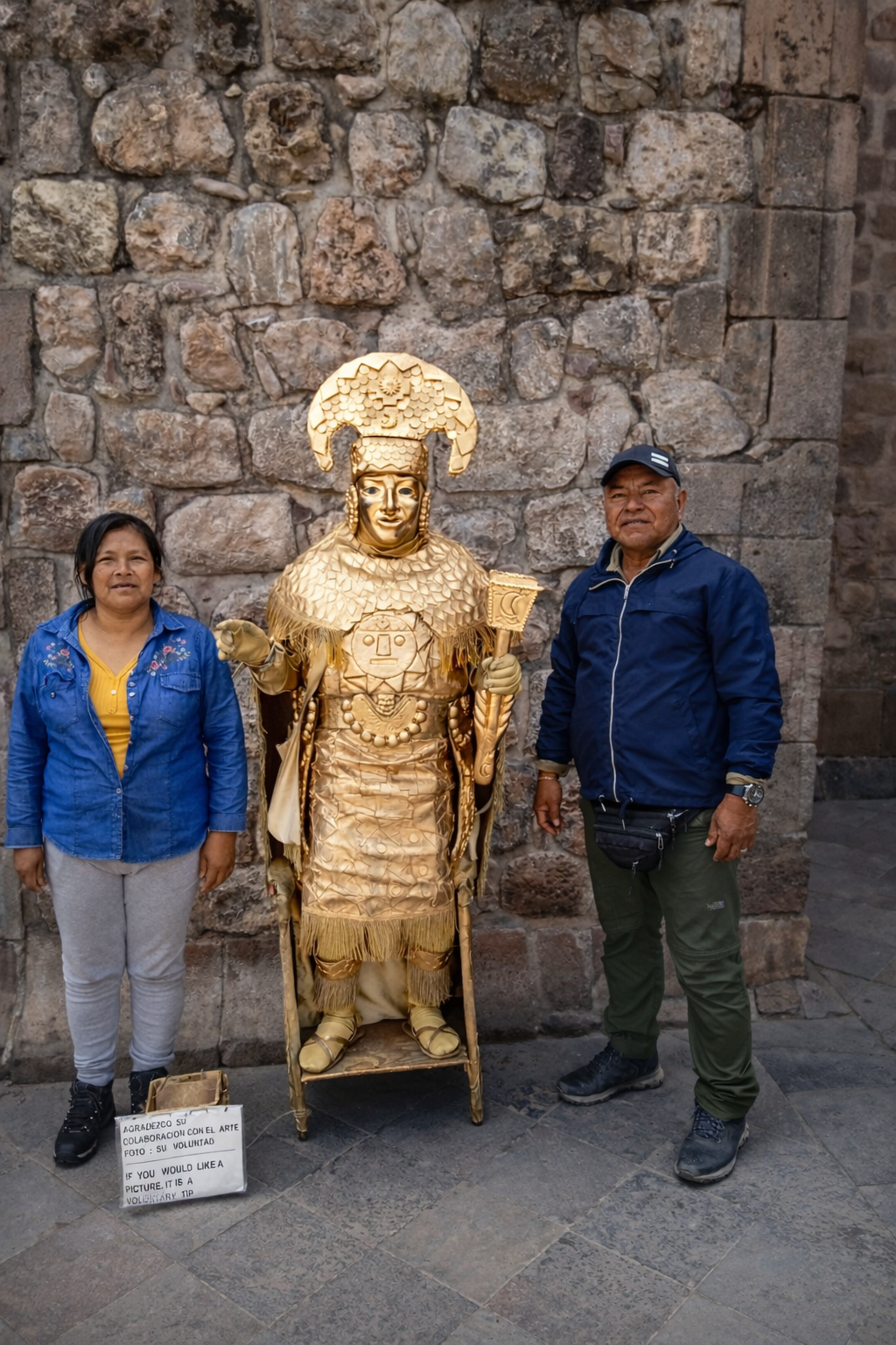 A woman and a man standing next to a golden statue of an ancient warrior in front of a stone wall.