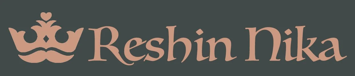 Logo with a crown graphic and the text 'Reshin Nika' in stylized font on a dark background
