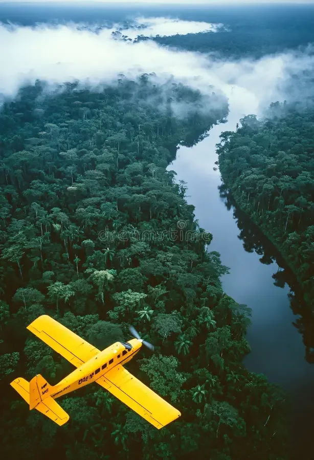 Yellow airplane flying above lush green rainforest and winding river with clouds in the sky