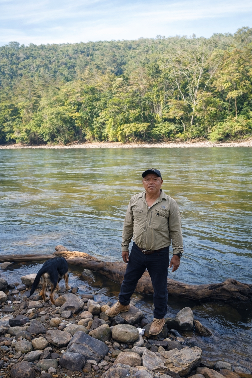 A man standing on rocks by a river with a dog nearby, with a lush, forested hillside in the background.