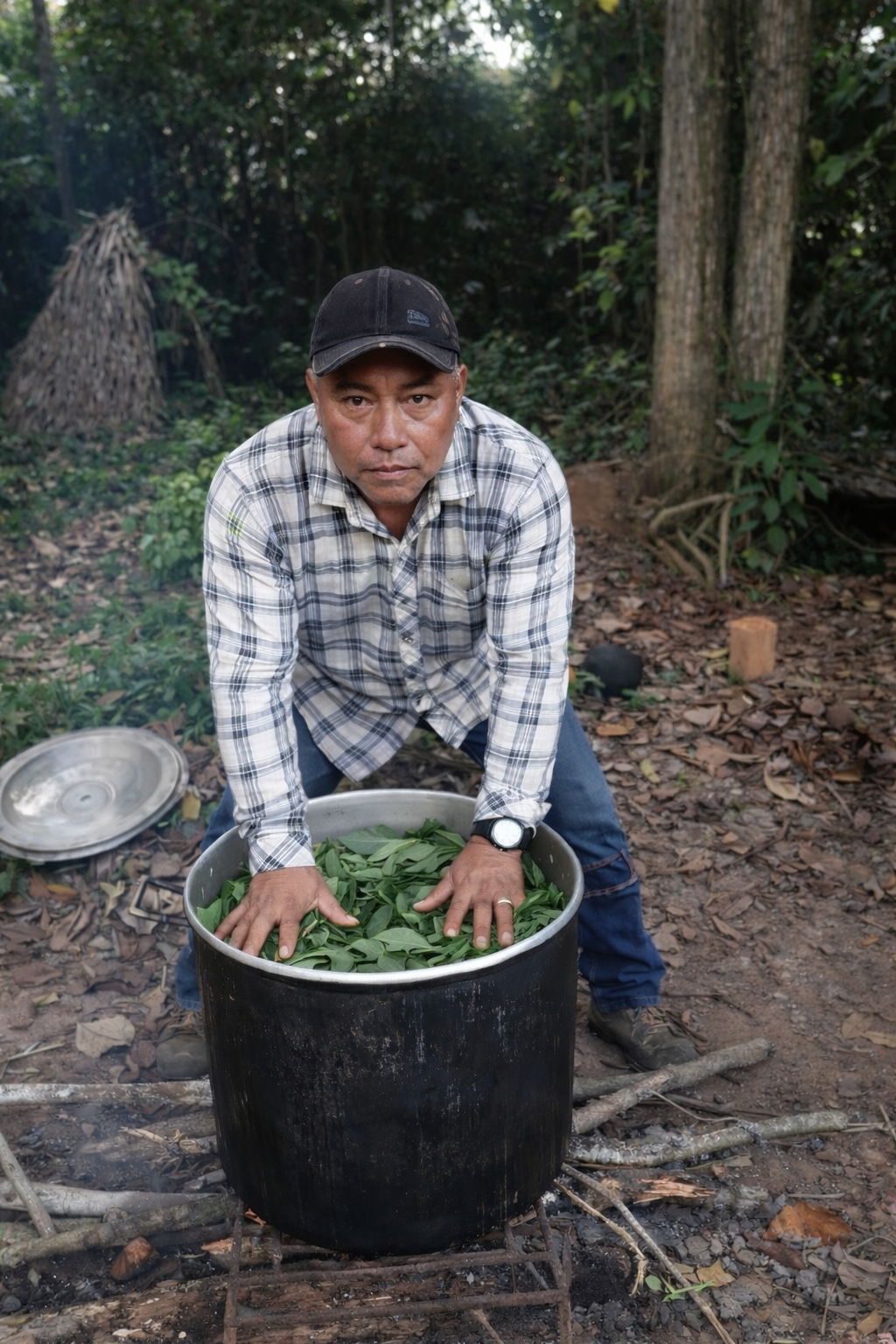 A man crouching over a large pot filled with green leaves in a forest, with a small traditional hut in the background.