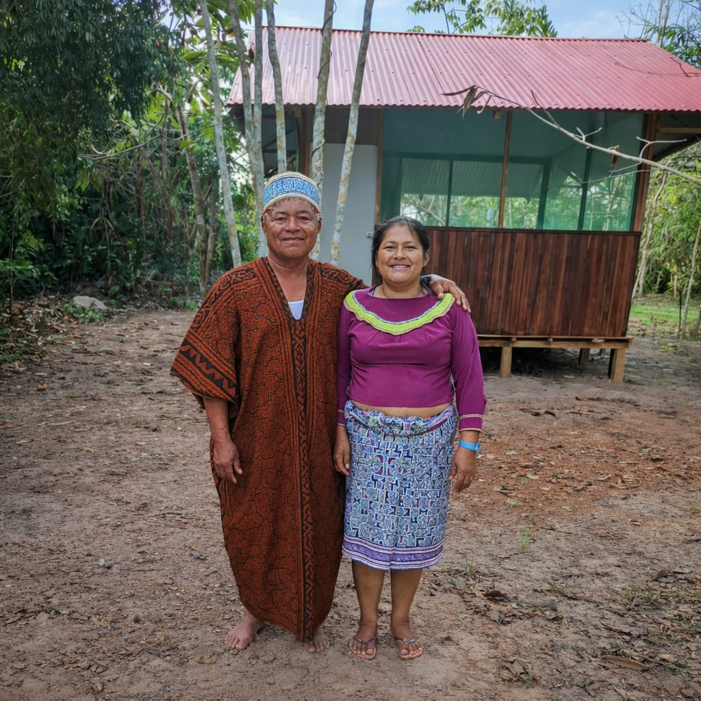 A man and woman in traditional attire standing outdoors in front of a small wooden house with a red metal roof, surrounded by trees.