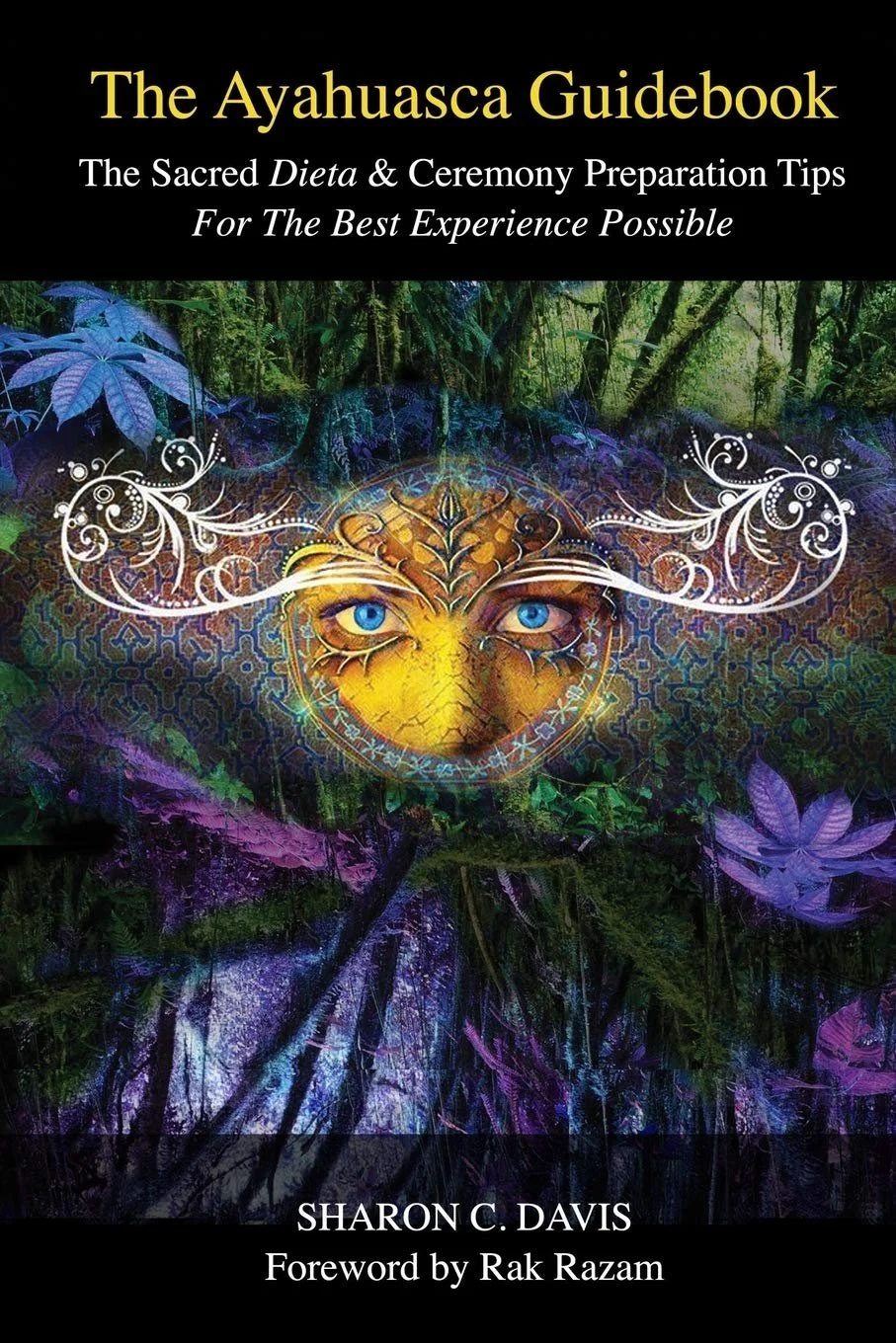 Cover of 'The Ayahuasca Guidebook' showing a face with blue eyes beneath a forest scene, surrounded by decorative patterns and leaves.