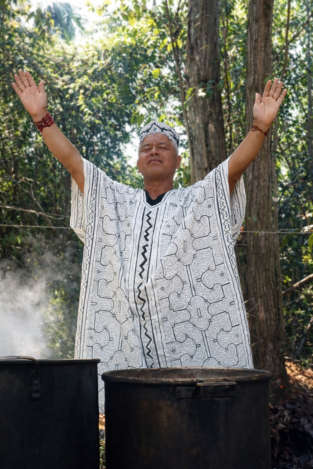A man wearing a traditional patterned garment and headpiece stands outdoors with arms raised, surrounded by trees and sunlight.