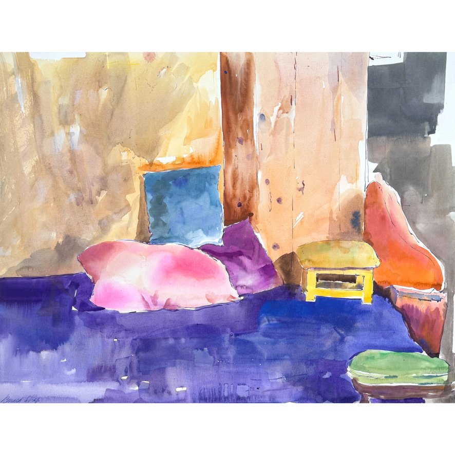 Ronald Shap | Six Cushions, 1992

Original gouache interior painting by celebrated, twentieth-century California landscape painter, Ronald Shap. Vibrant still life in purple, blue, pink, yellow, orange, green and neutrals. 18&times;24 inches on Strat