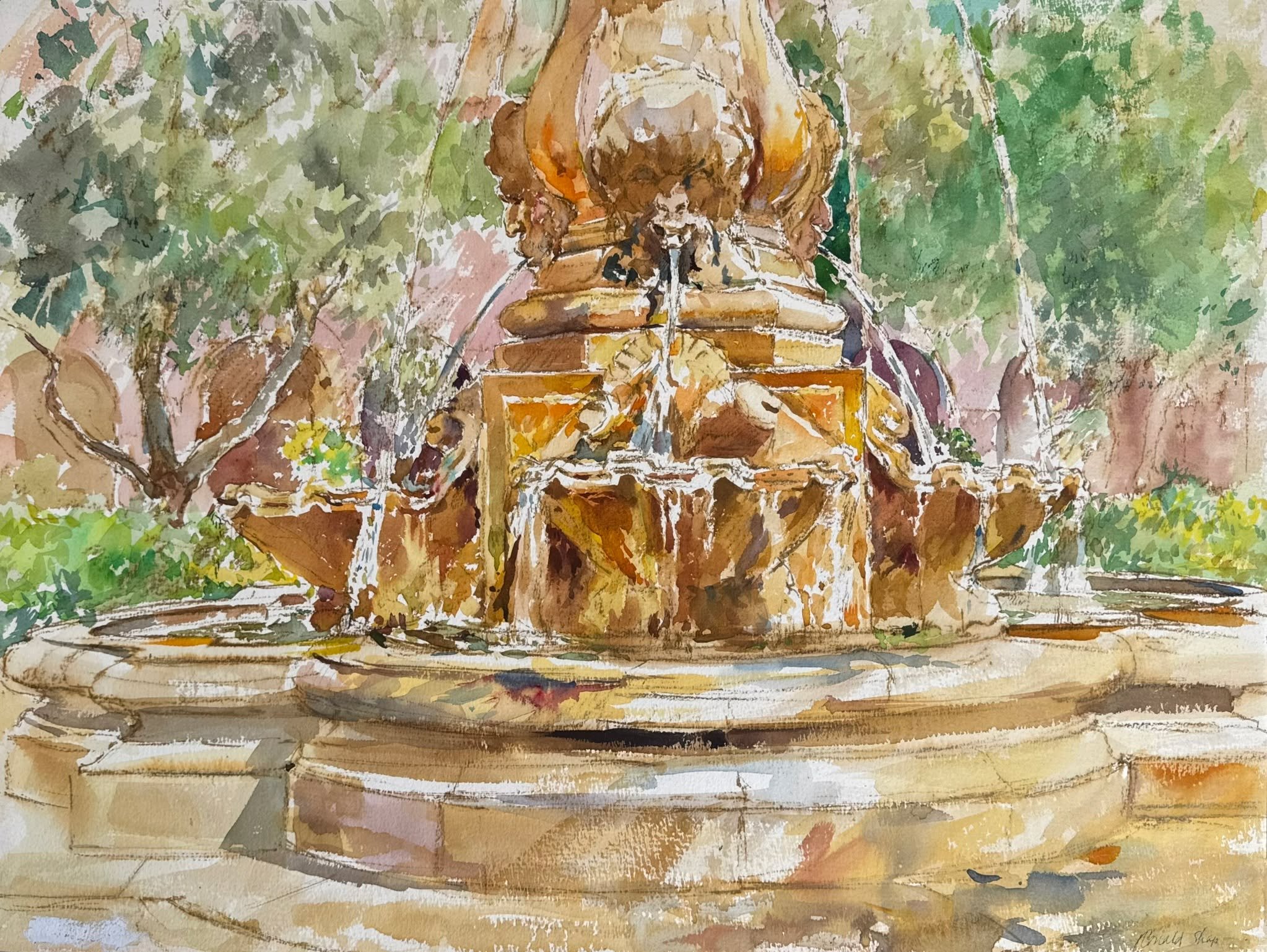 Ronald Shap | Neptune's Fountain, Pasadena City Hall, c. 1990

Original watercolor sketch of the fountain in front of the Pasadena City Hall in Southern California. Colors of tan, gold and green. This piece reminds us favorably of one of John Singer 