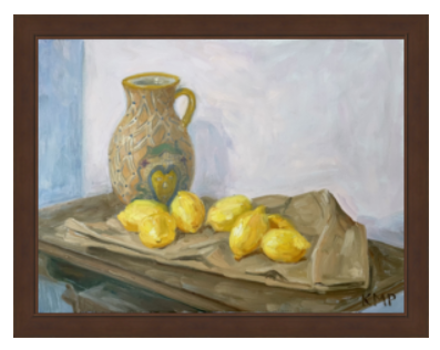 lemons and jug in old world carved pecan frame.png