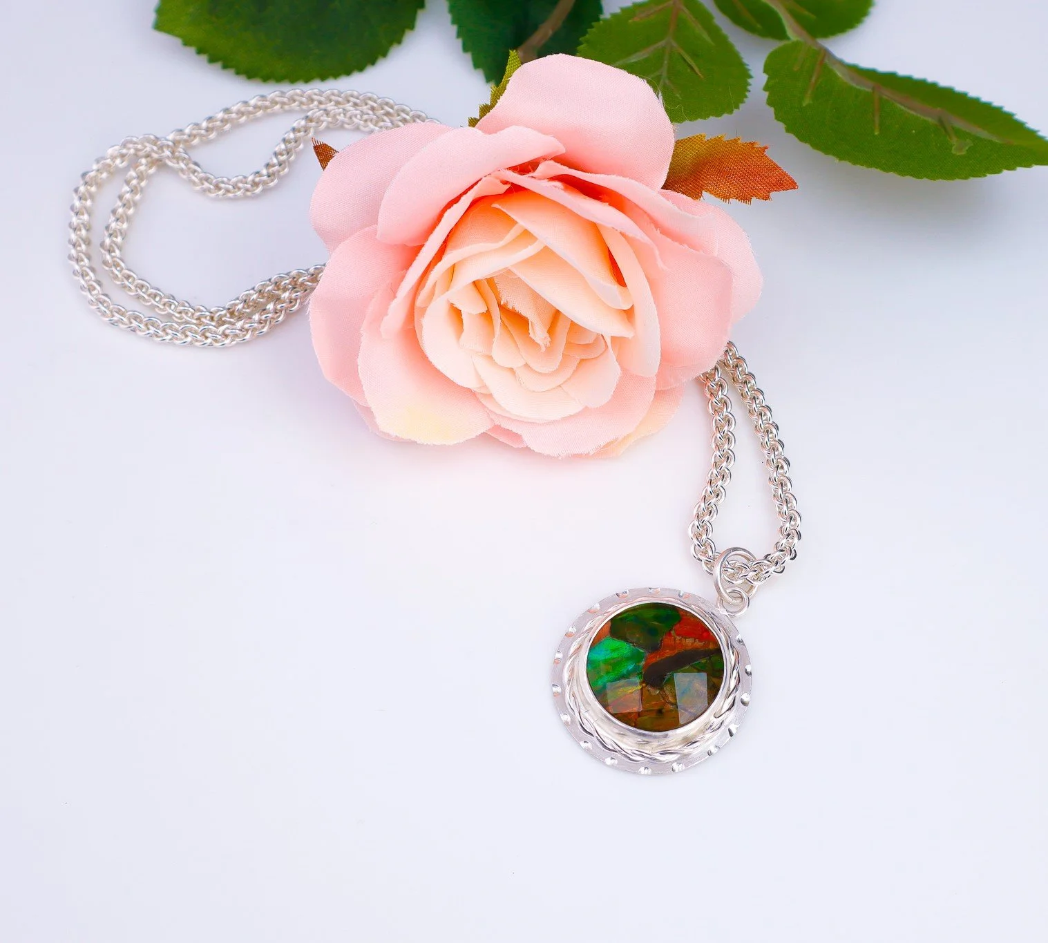 Ammolite gemstone and silver necklace