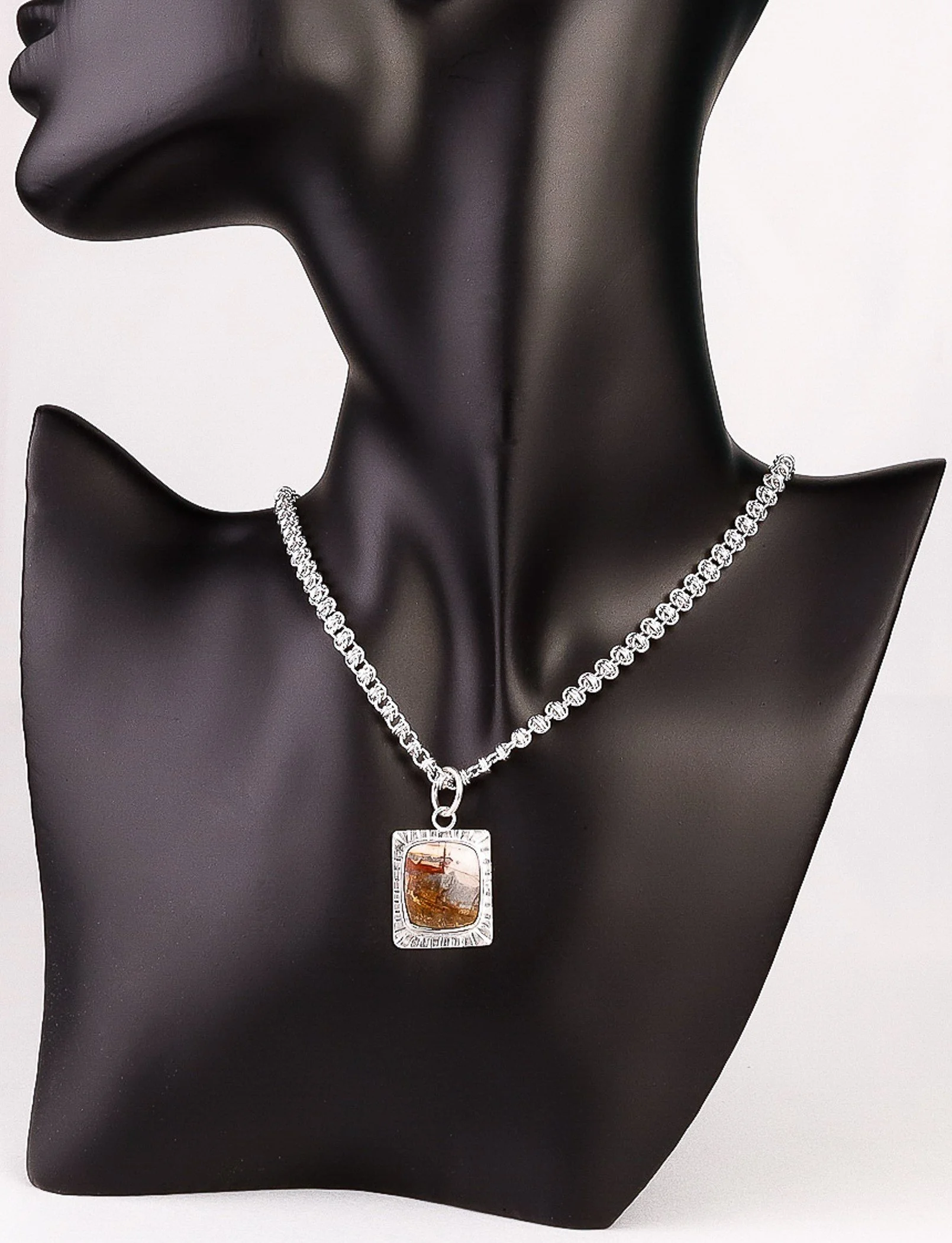 Handwoven silver gemstone necklace autumn colors