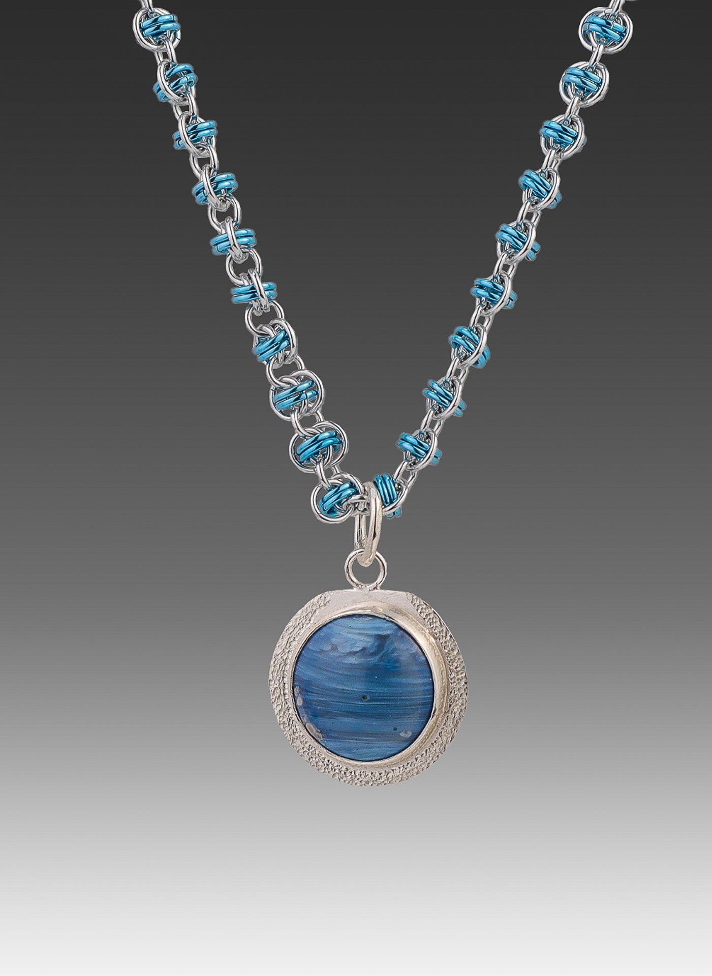 Silver Swedish Blue Pendant with chainmaille chain