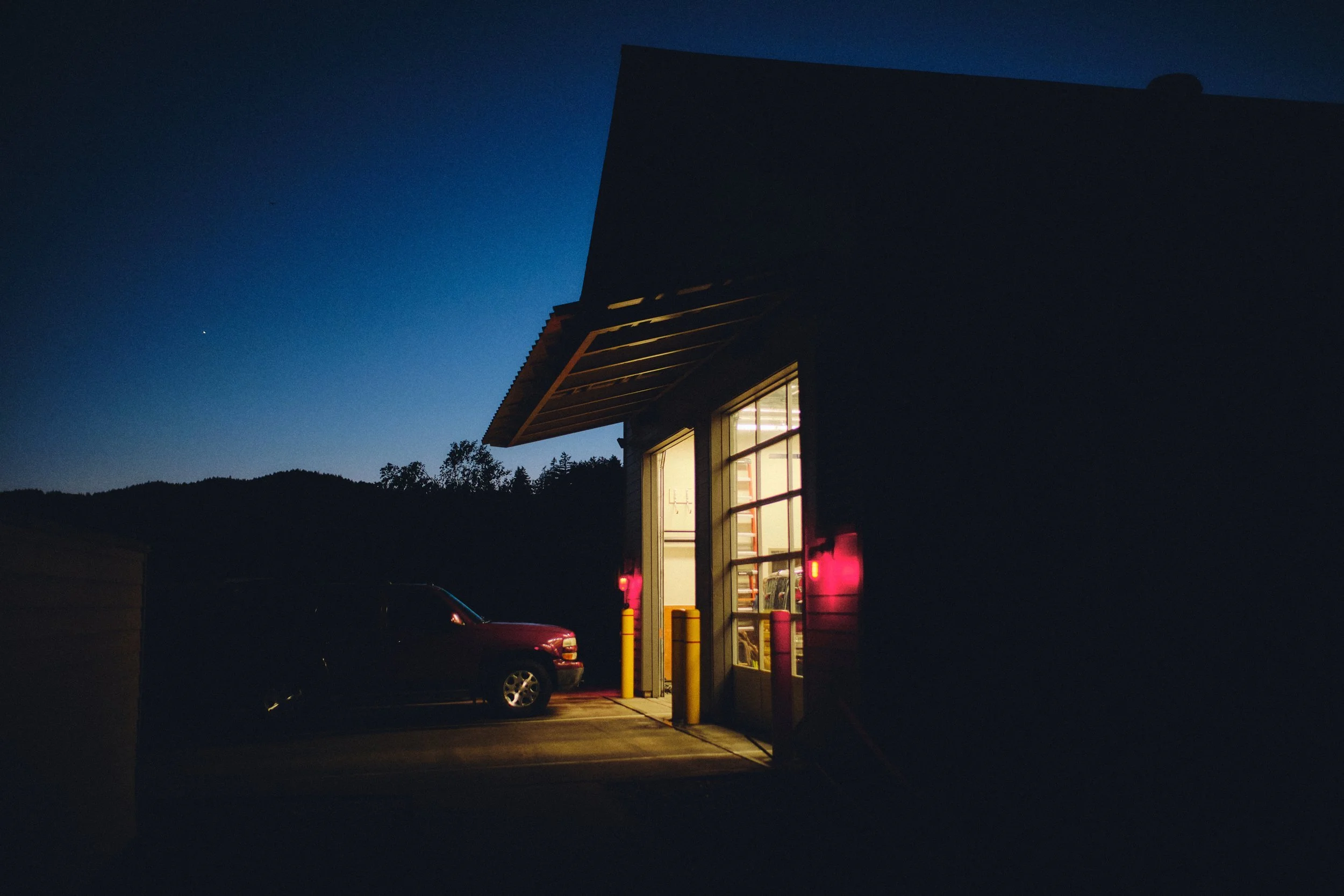 Corvallis fire station at dusk