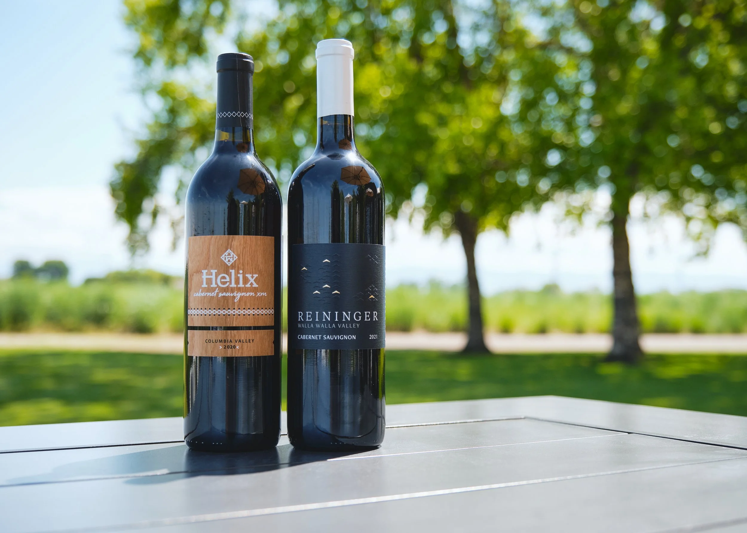 Two bottles of red wine on an outdoor patio table, wine product photography