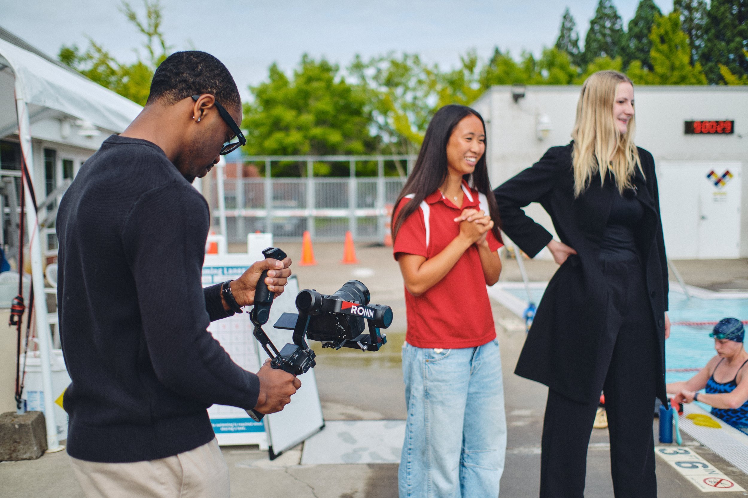 Poolside interview during a brand shoot in Corvallis, Oregon