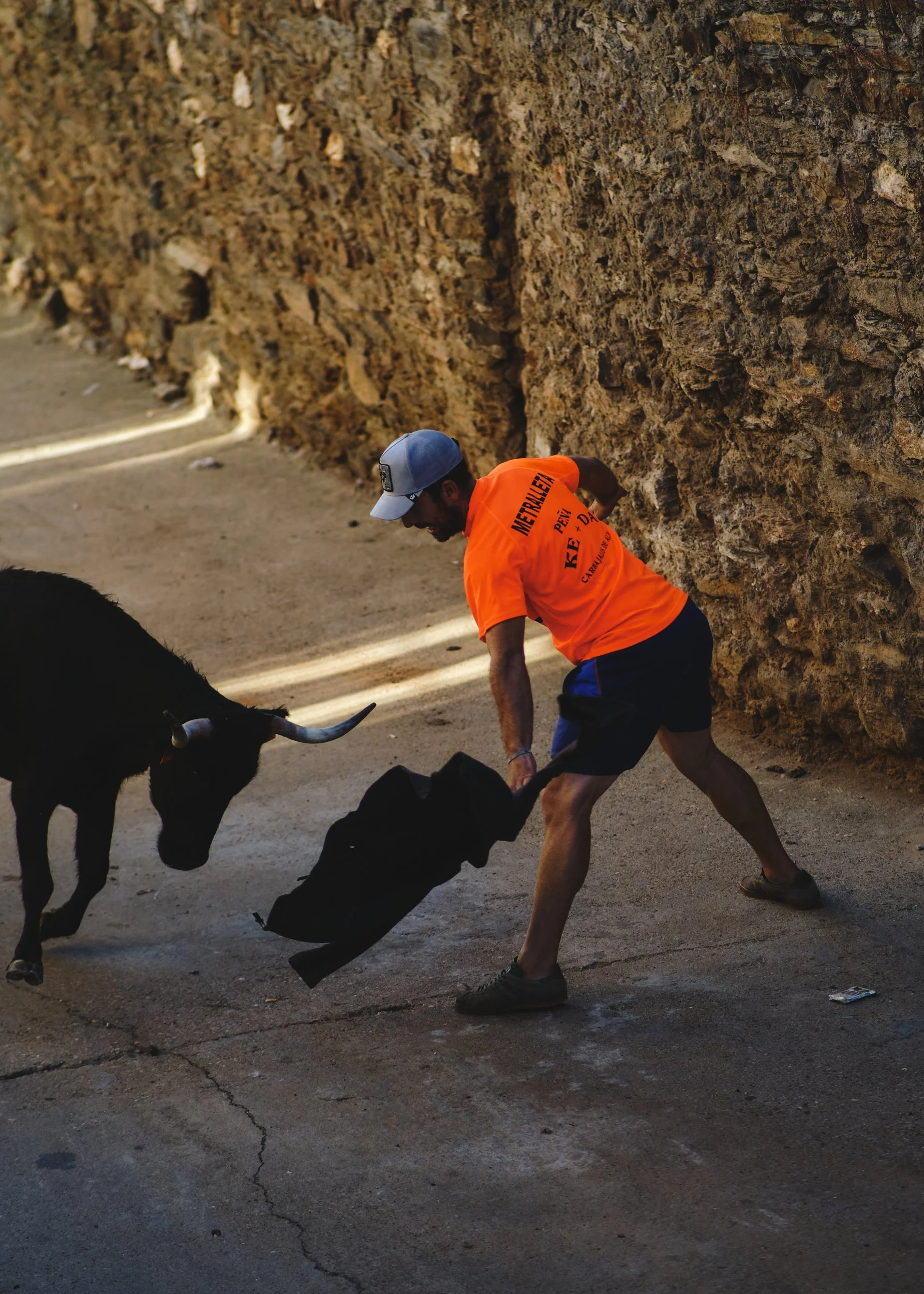 Recortador with a bull in Carbajales de Alba, Spain