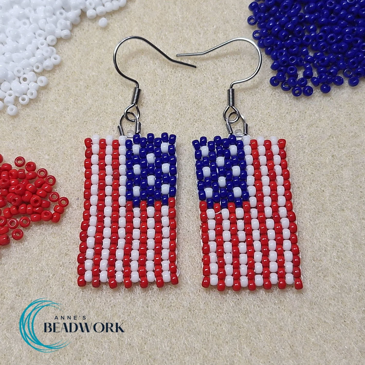 USA Flag Peyote Stitch Glass Seed Bead Earrings