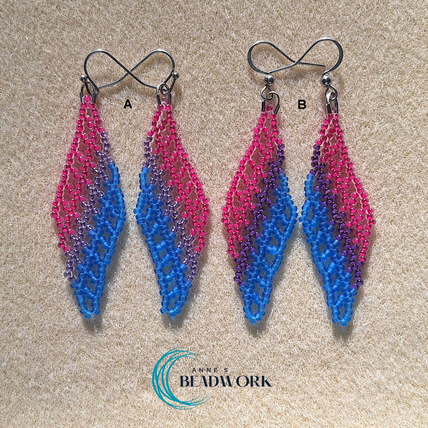Bisexual Flag Glass Seed Bead Feather Earrings (Medium)