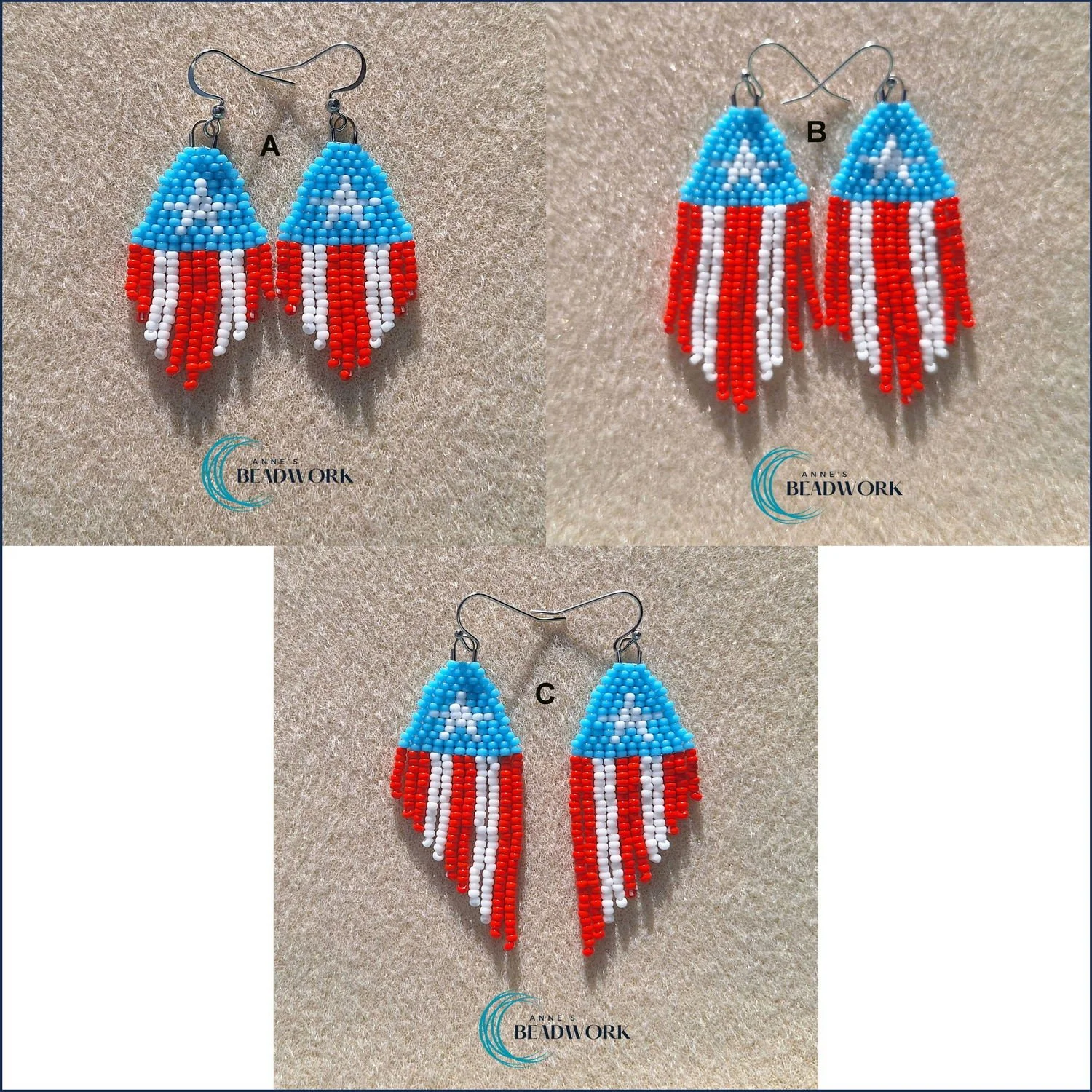Puerto Rico Flag Glass Seed Bead Fringe Earrings (Light Blue)