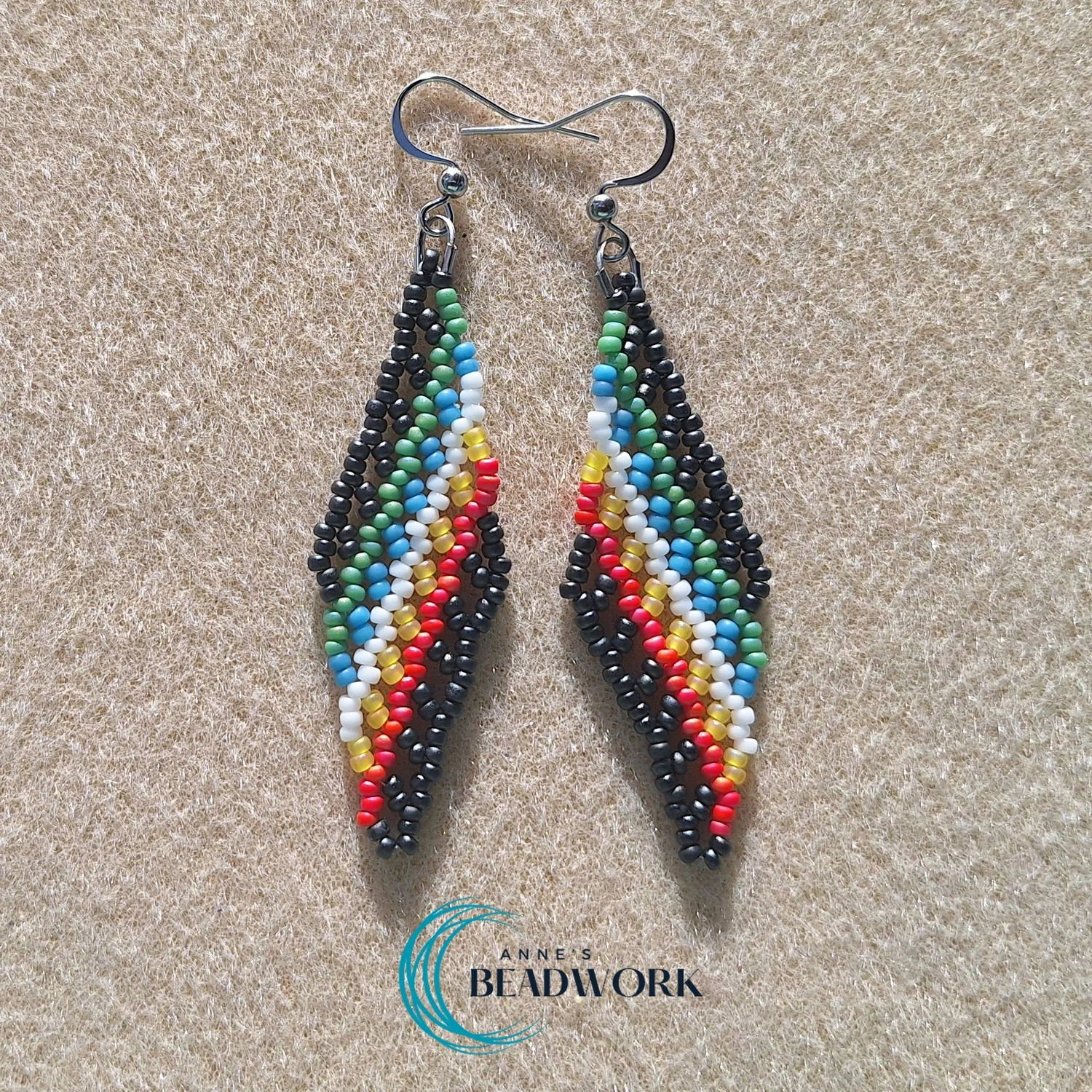 Disability Pride Flag Glass Seed Bead Feather Earrings
