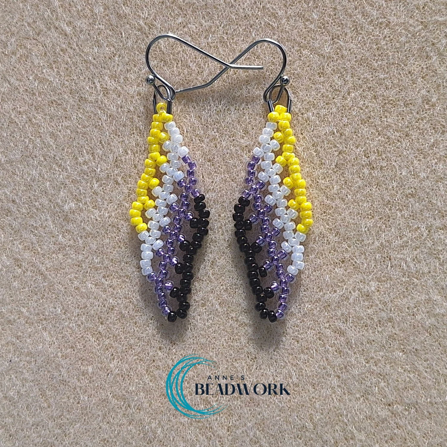 Non-Binary Flag Glass Seed Bead Feather Earrings (Mini)