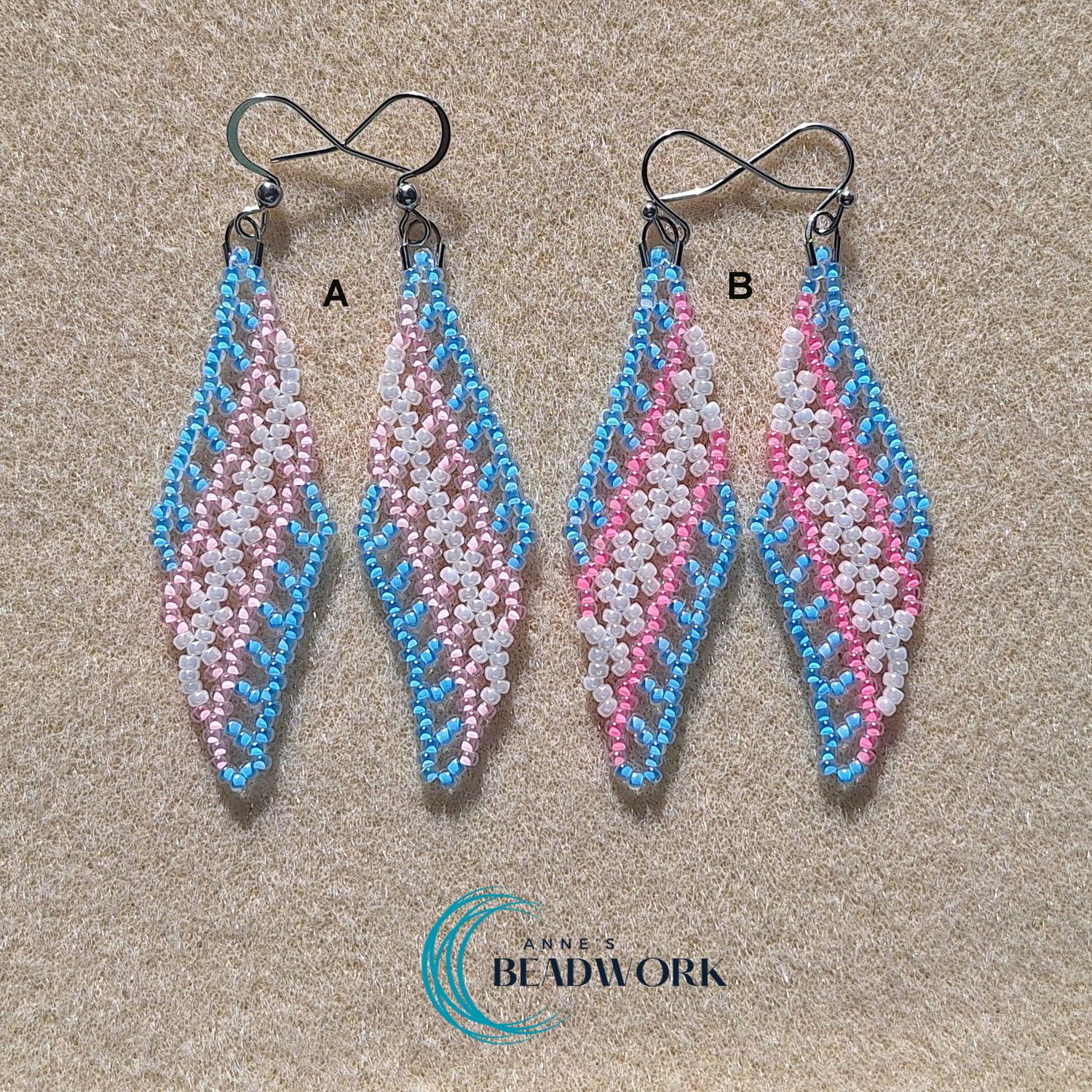 Transgender Flag Glass Seed Bead Feather Earrings (Medium)