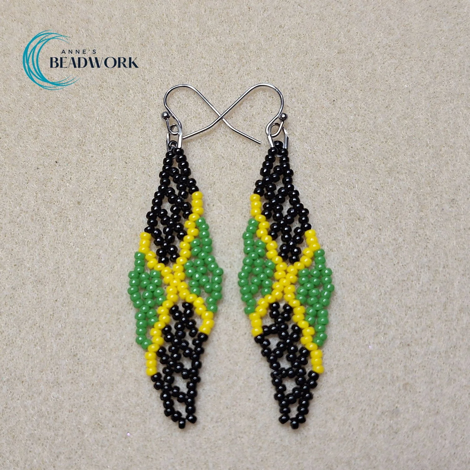 Jamaica Flag Glass Seed Bead Feather Earrings (Medium)