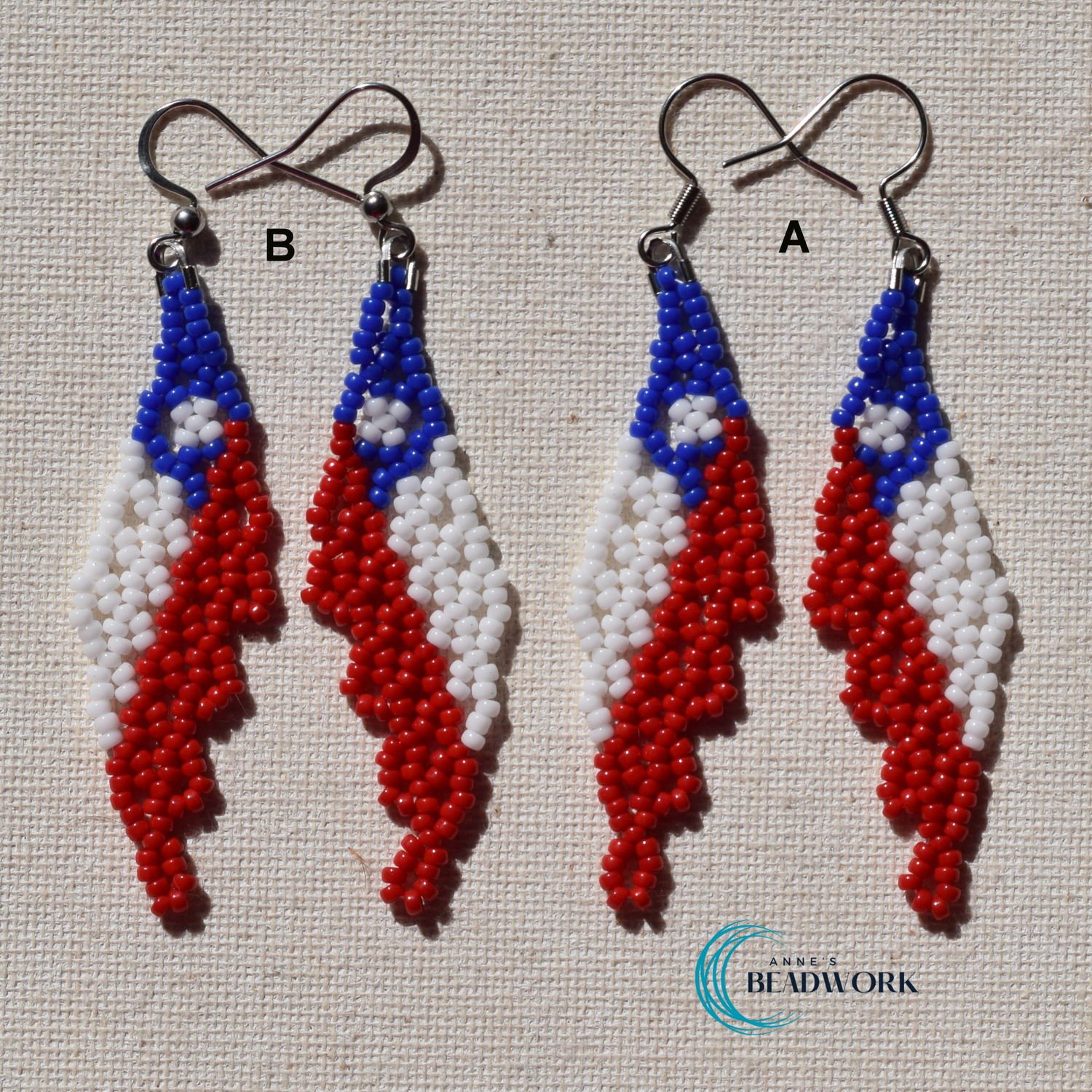 Chile Flag Glass Seed Bead Feather Earrings