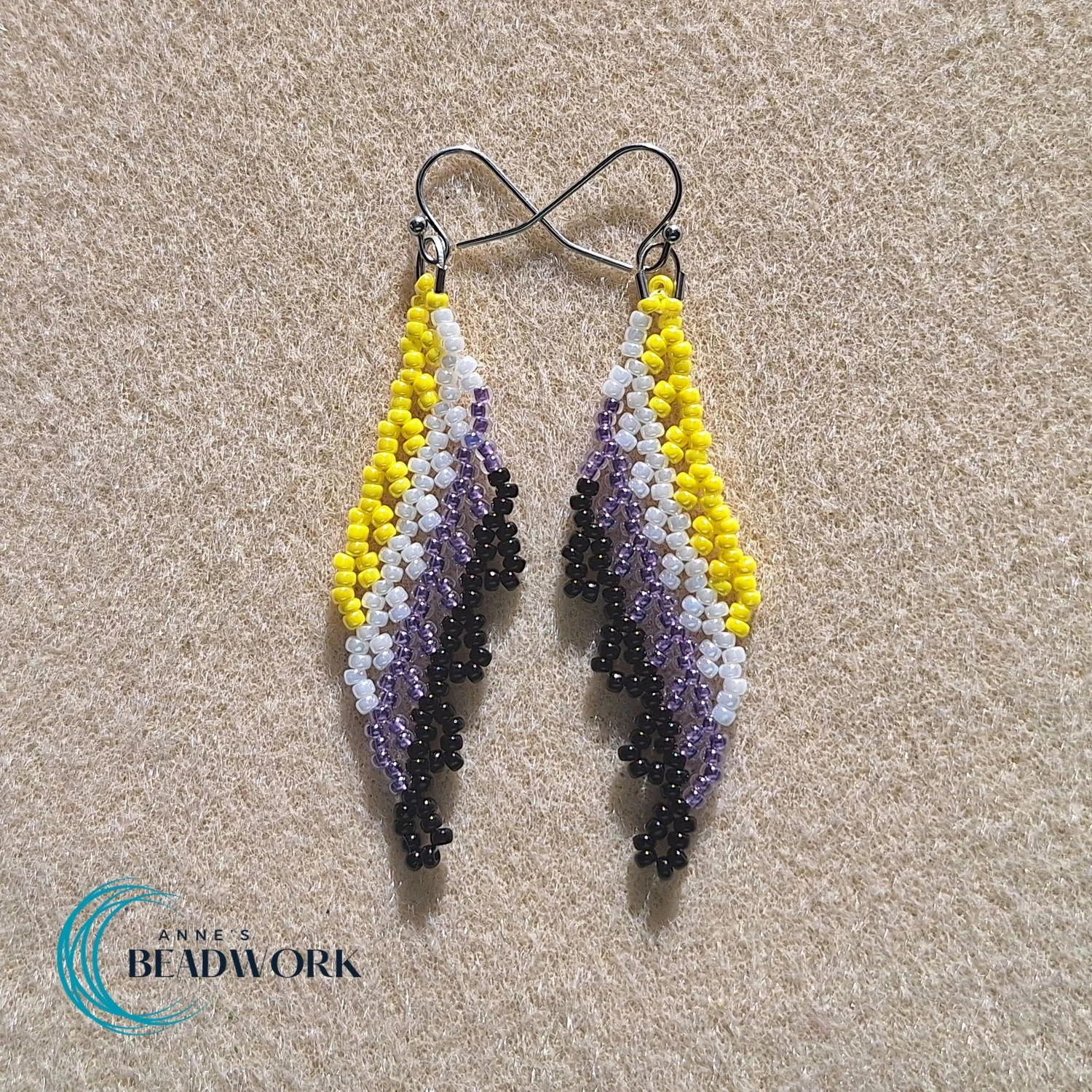 Non-Binary Flag Glass Seed Bead Feather Earrings (Medium)
