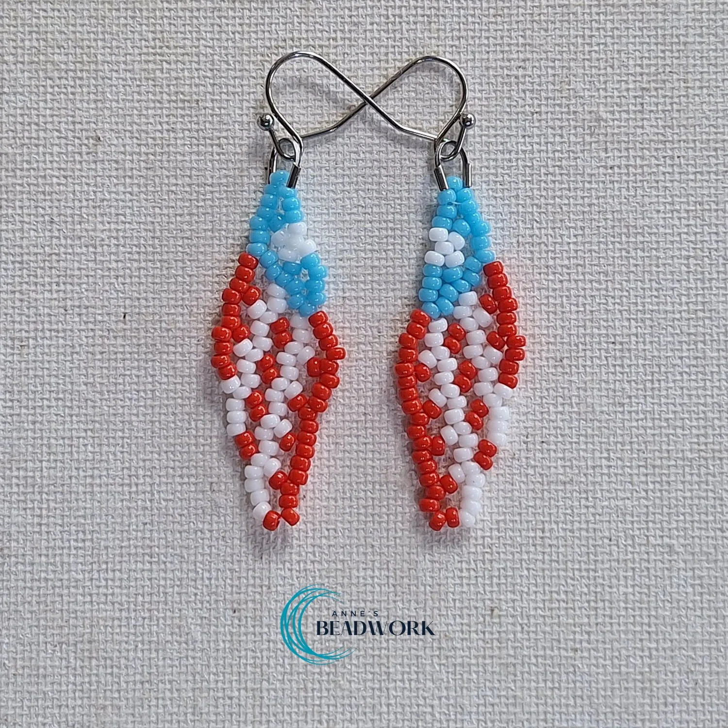 Puerto Rico Flag Glass Seed Bead Feather Earrings (Mini) (Light Blue)