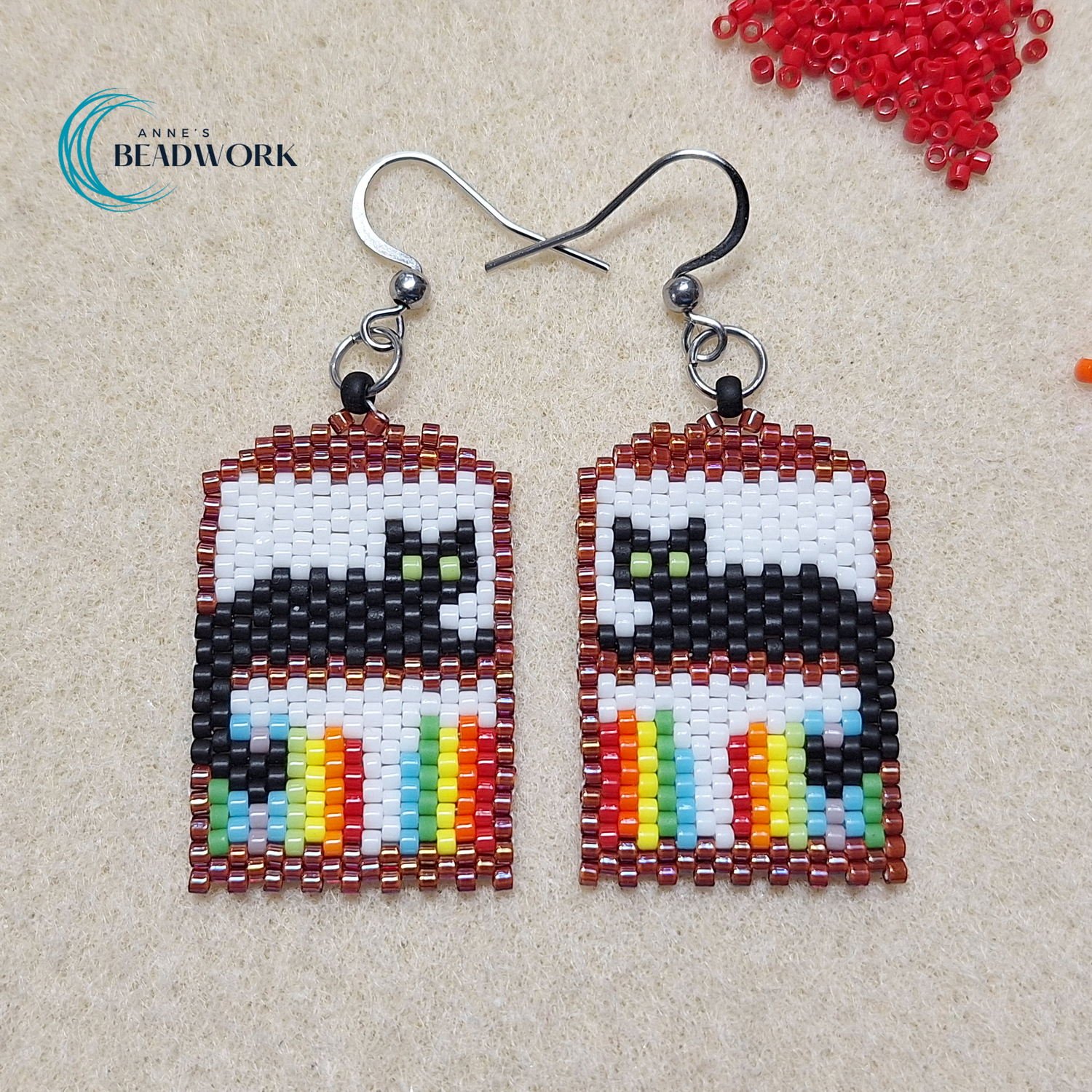 Cat on Bookshelf Peyote Stitch Glass Seed Bead Earrings