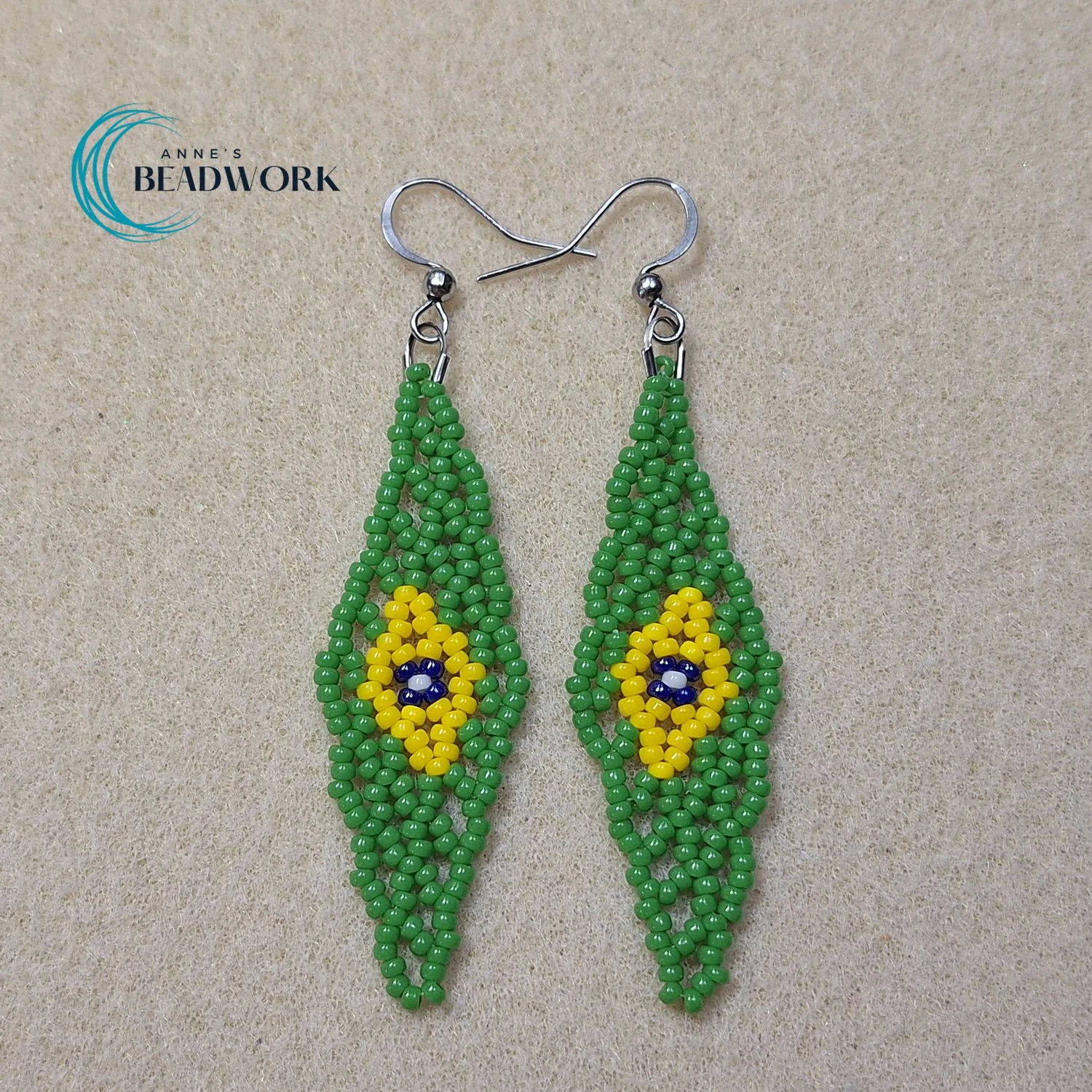 Brazilian Flag Glass Seed Bead Feather Earrings (Medium)
