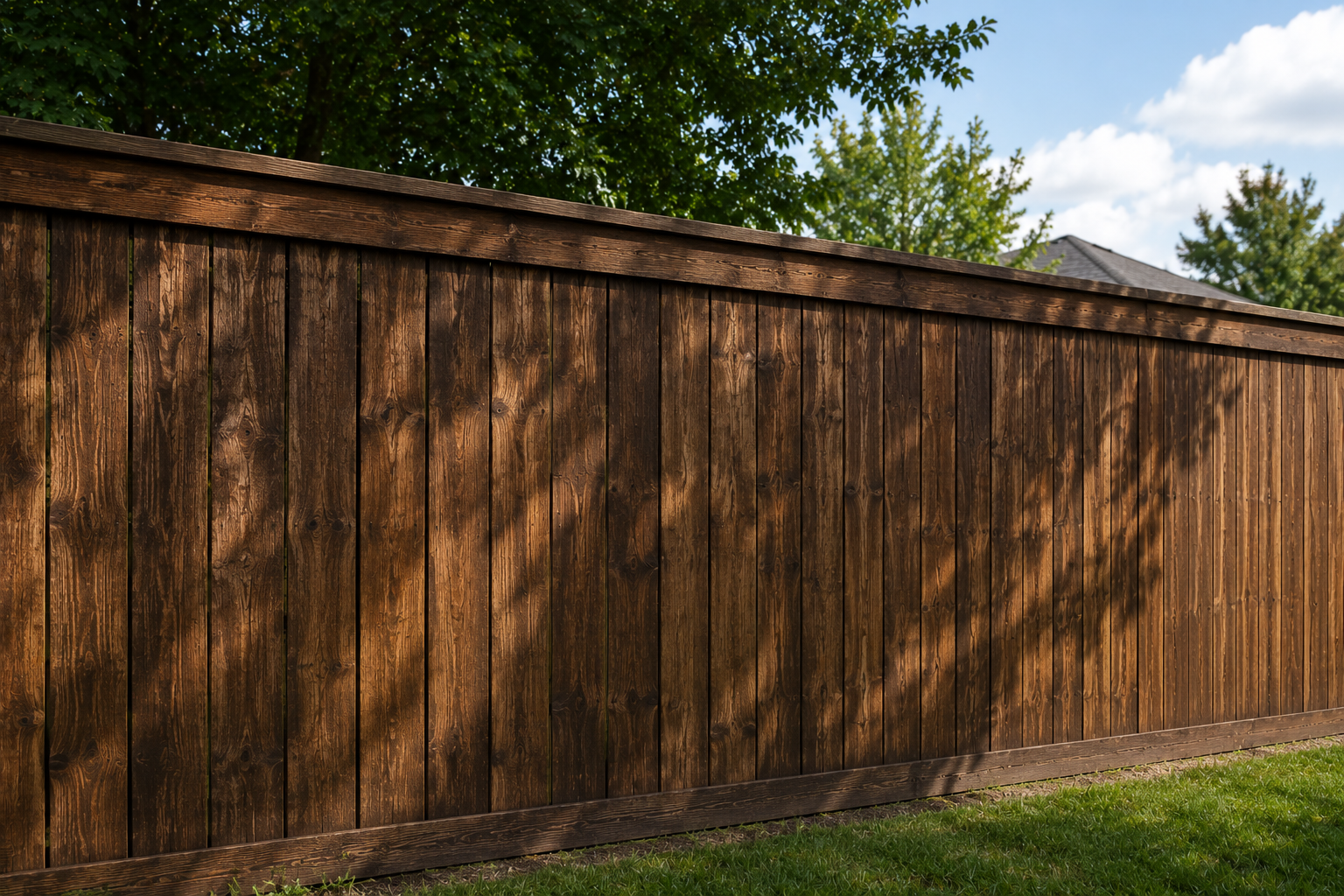 Wooden backyard fence with trees and blue sky in the background and a shadow of a tree cast on the fence.