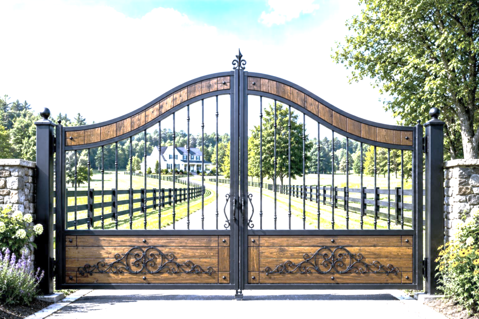 A black and brown metal gate with wooden panels, flanked by stone pillars, opening to a driveway leading to a white house in the distance, surrounded by green trees and a well-maintained lawn.