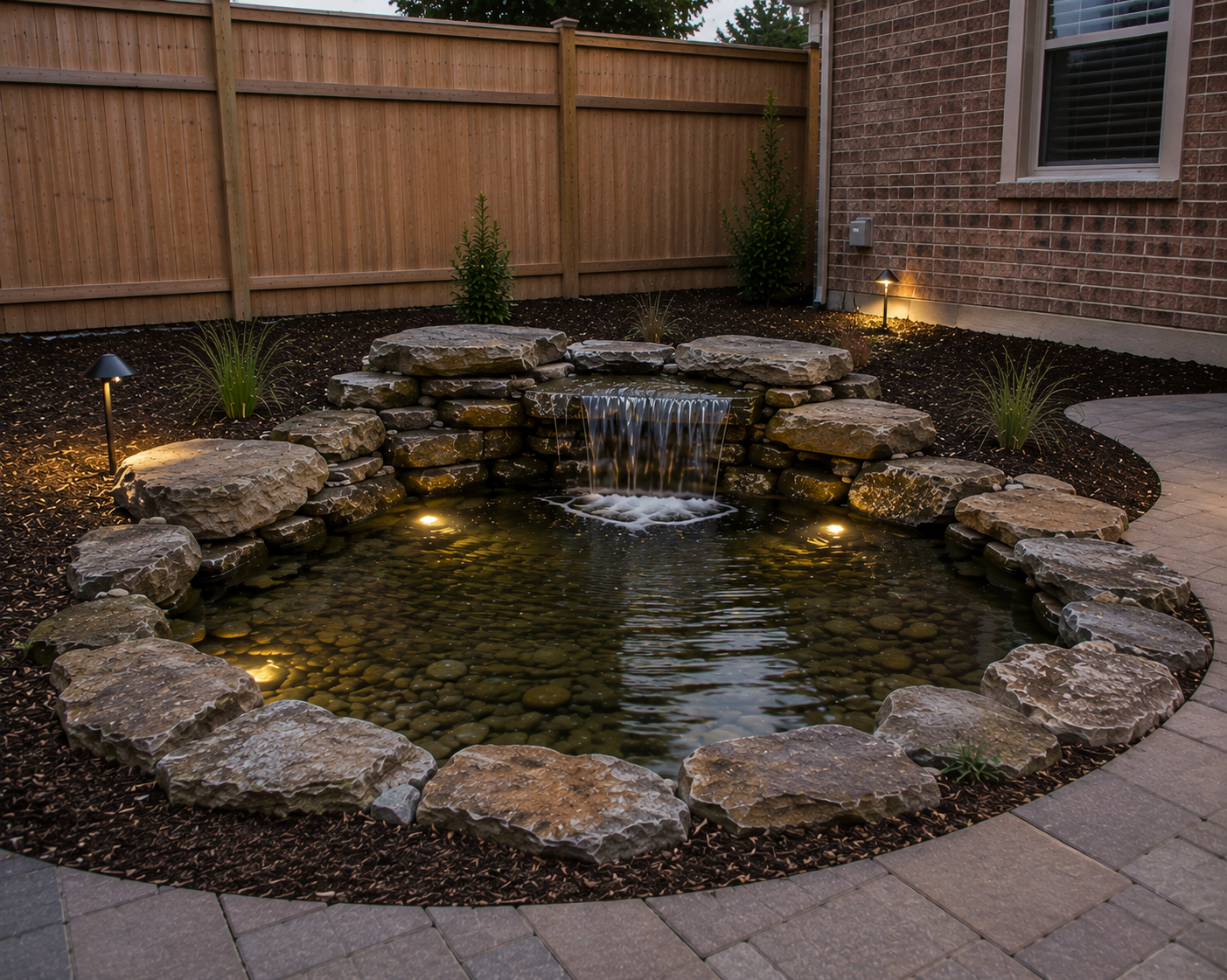 A small backyard pond with a waterfall feature, surrounded by rocks and plants, with landscape lighting and a wooden fence.