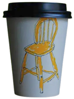 A white paper coffee cup with a black lid, featuring a hand-drawn orange and yellow chair on its side.