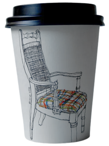Coffee cup with a sketch of a wooden chair with plaid cushion on the side