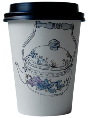 A coffee cup with a black lid featuring a blue and purple floral teapot illustration drawn on the side.