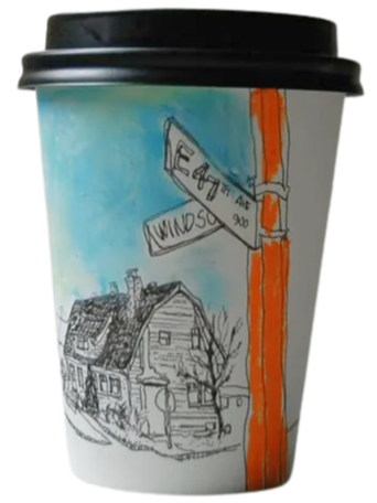 Hand-drawn sketch of a house on a coffee cup with a street sign and a utility pole.