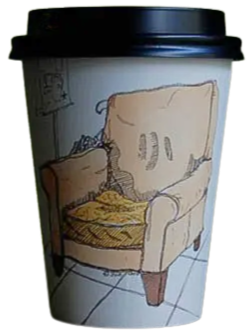Coffee cup with a hand-drawn illustration of a cozy armchair with a blanket and a pillow.